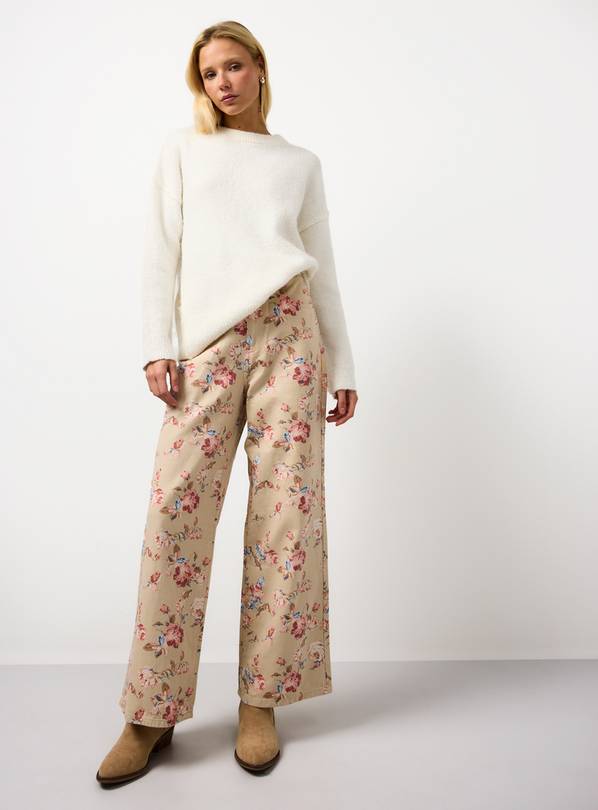 Cream Floral Printed Wide Leg Co-ord Denim Jeans 16R